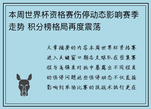 本周世界杯资格赛伤停动态影响赛季走势 积分榜格局再度震荡 本周世界杯资格赛伤停动态影响赛季走势 积分榜格局再度震荡