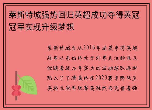 莱斯特城强势回归英超成功夺得英冠冠军实现升级梦想 莱斯特城强势回归英超成功夺得英冠冠军实现升级梦想